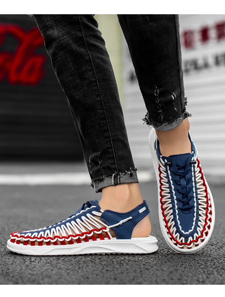 2023 Summer Men's  Sandals Lace Up Hand Woven Sandals Thick Soled Soft Non Slip Casual Shoes High Quality Couple Beach Shoes