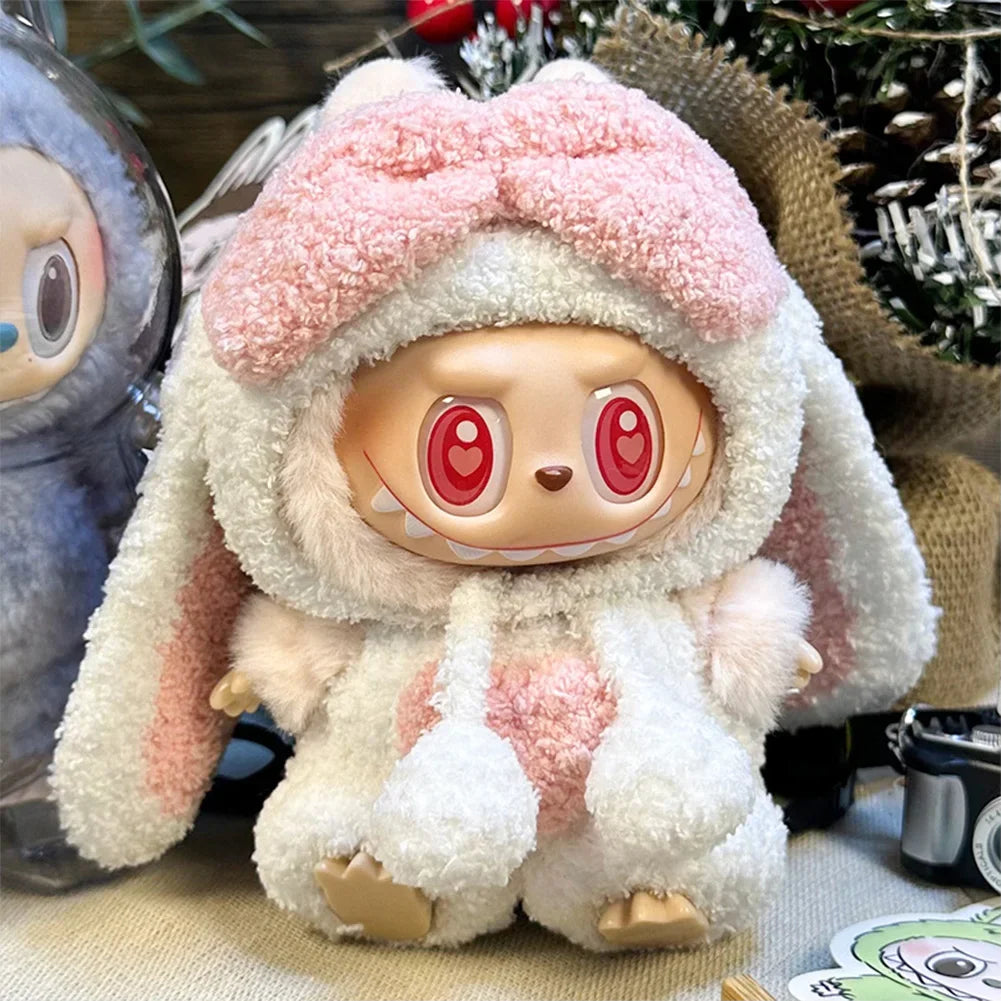 For 17cm Labubu 3.0 Dolls Accessories DIY Doll Clothes Heartbeat Long Eared Furry Rabbit Costume Cartoon Dress Up Christmas Gift