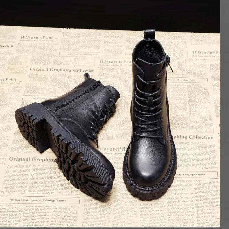 Autumn new mid length Boots Black anti slip trendy Footwear  Fashion laceup boots Ladies thick heeled casual shoes Botas Zapatos