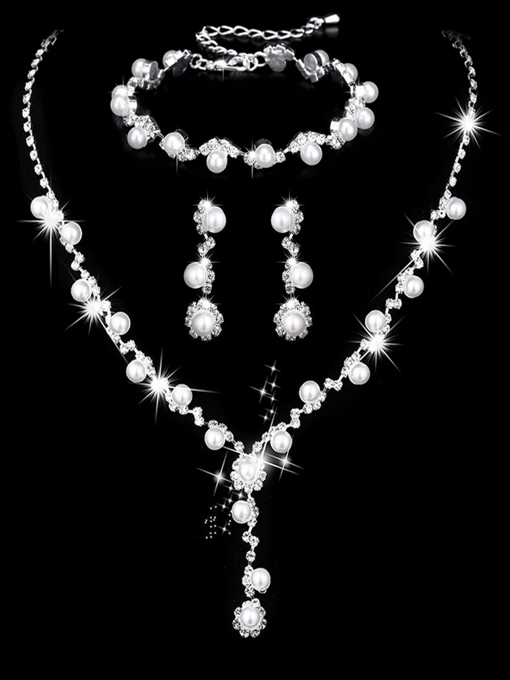 4 pcs bridal jewelry set, rhinestone pearl necklace, earrings, bracelets, dinner dress accessories