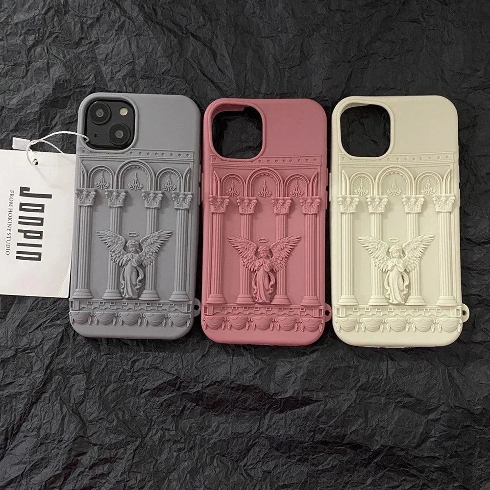 Retro Artwork 3D Angel Statue Phone Case For Iphone 16 15 14 13 12 Pro Max Literature Trendy Silicone Shockproof Soft Back Cover