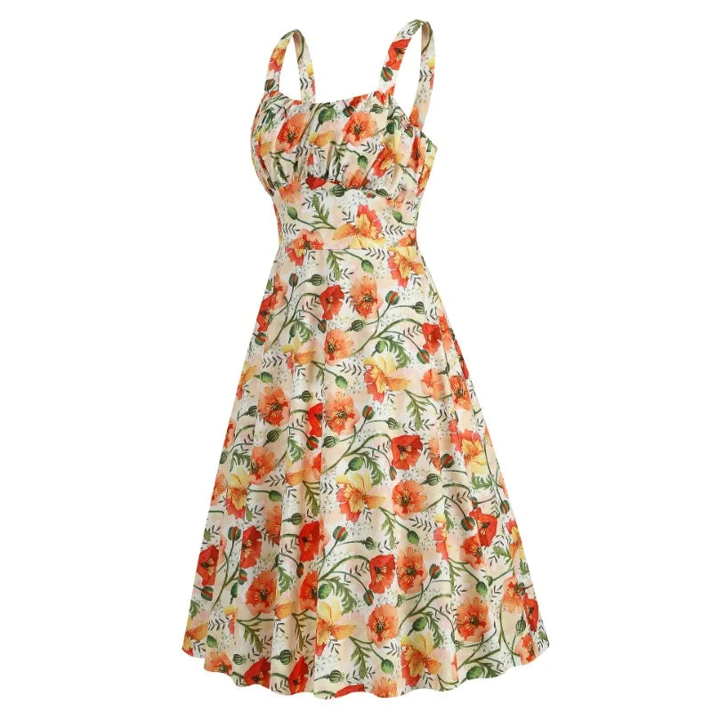 Vintage Charm Summer Midi Dress - Cute Print, Ruched Bust, High Waist for Effortless Beach Style
