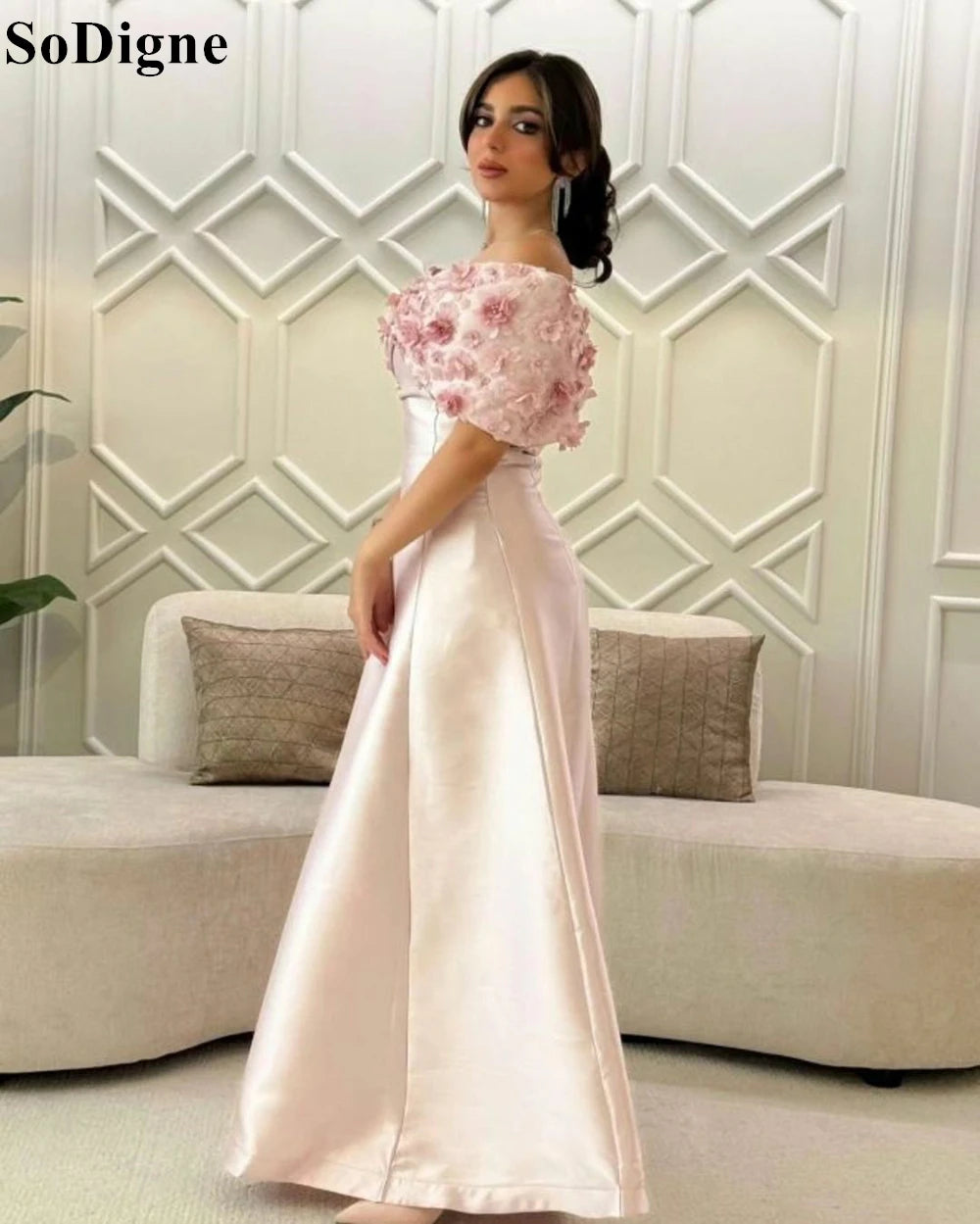 SoDigne Elegant Pink Satin Evening Dresses Off Shoulder Floral Appliques Pleated Party Dress 2024 Formal Occasion Prom Gowns