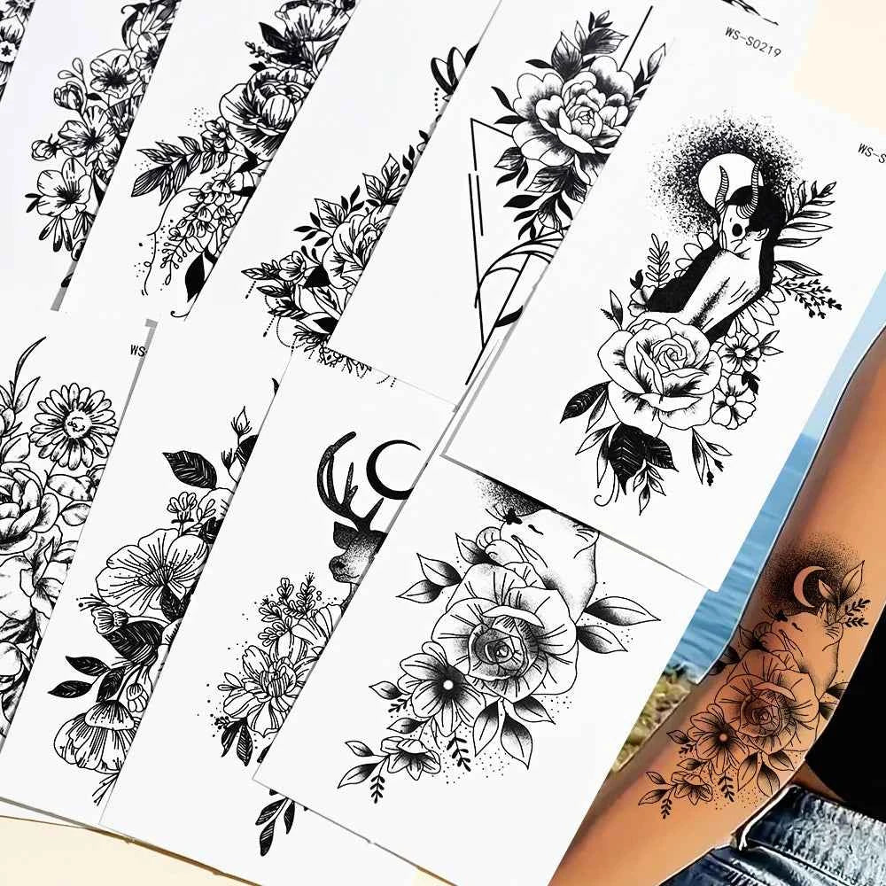 35pcs Realistic Peony Rose Temporary Tattoo Deer Crescent Floral Body Art Waterproof Stickers Lasting Arm Leg Hand Neck Tattoos*