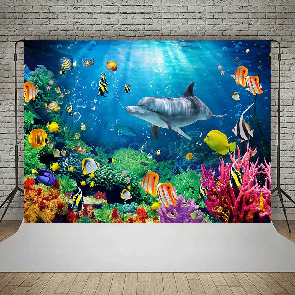 Underwater World Dolphin Coral Seaweed Seabed Aquarium Theme Photography Background Children Birthday Party Decor Backdrop