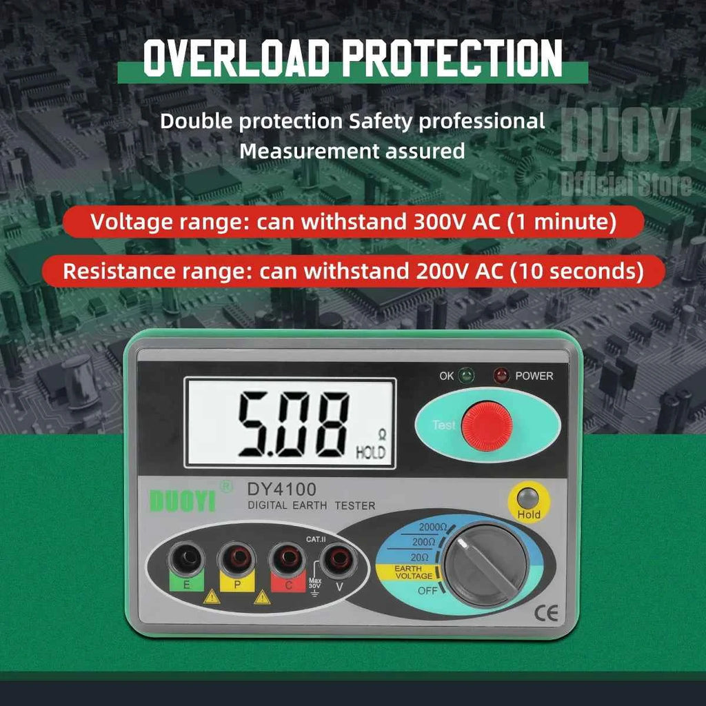Digital Earth Ground Resistance Tester,0-2000 ohm Meter Earth Resistance Tester,Overload Protection AC Ground Voltage Meter