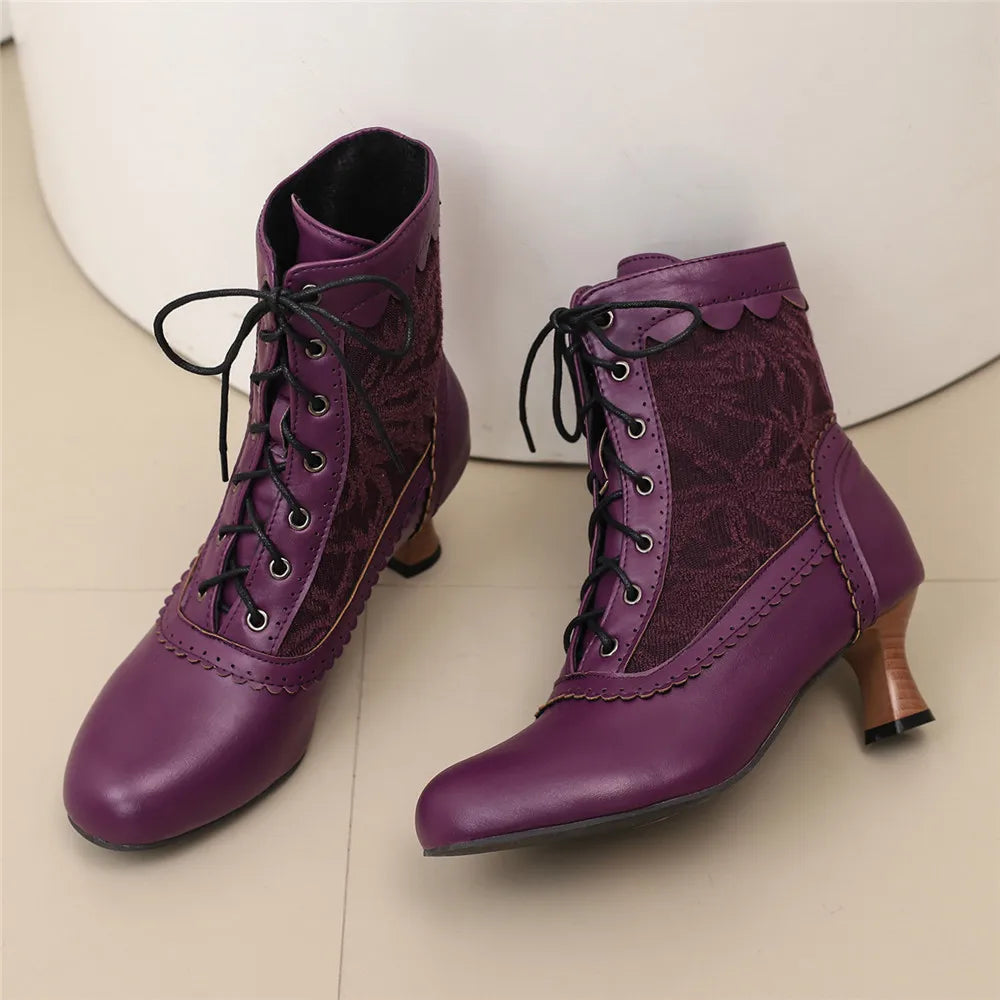 2025 New Lace Up Ladies High Heel Shoes Strange Steampunk Boot Victorian Ankle Boots Women Pointed Toe Thick Soled Short Boots