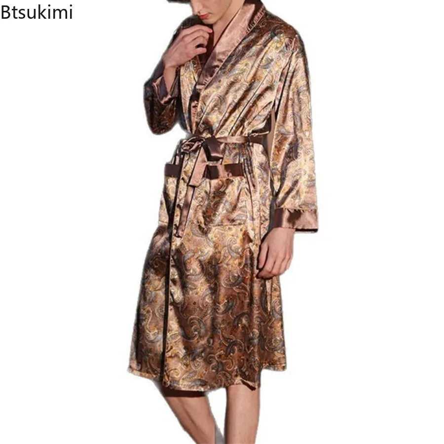 Men's Thin Bathrobe High Quality Nightrobes One-Piece Robe Male Loungewear Gents Spring and Autumn New Ice Silk Printed Pajamas
