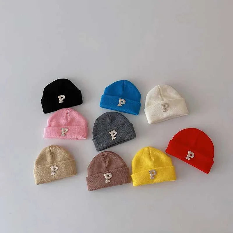 Autumn Winter Baby Knitted Hat Solid Color P Letter Infant Boy Girl Beanie Cap Casual Warm Toddler Crochet Bonnet Hat