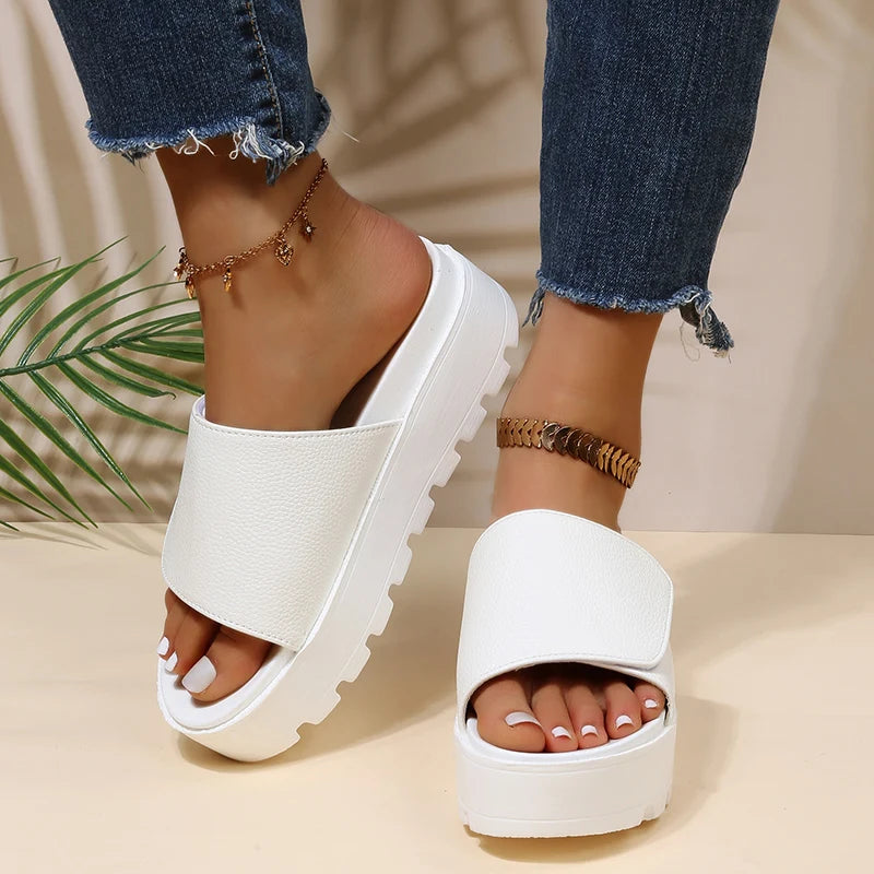 Rimocy Black PU Leather Platform Slippers Women Plus Size 43 Thick Soled Sandals Woman 2025 Summer Non-slip Slides Shoes Female
