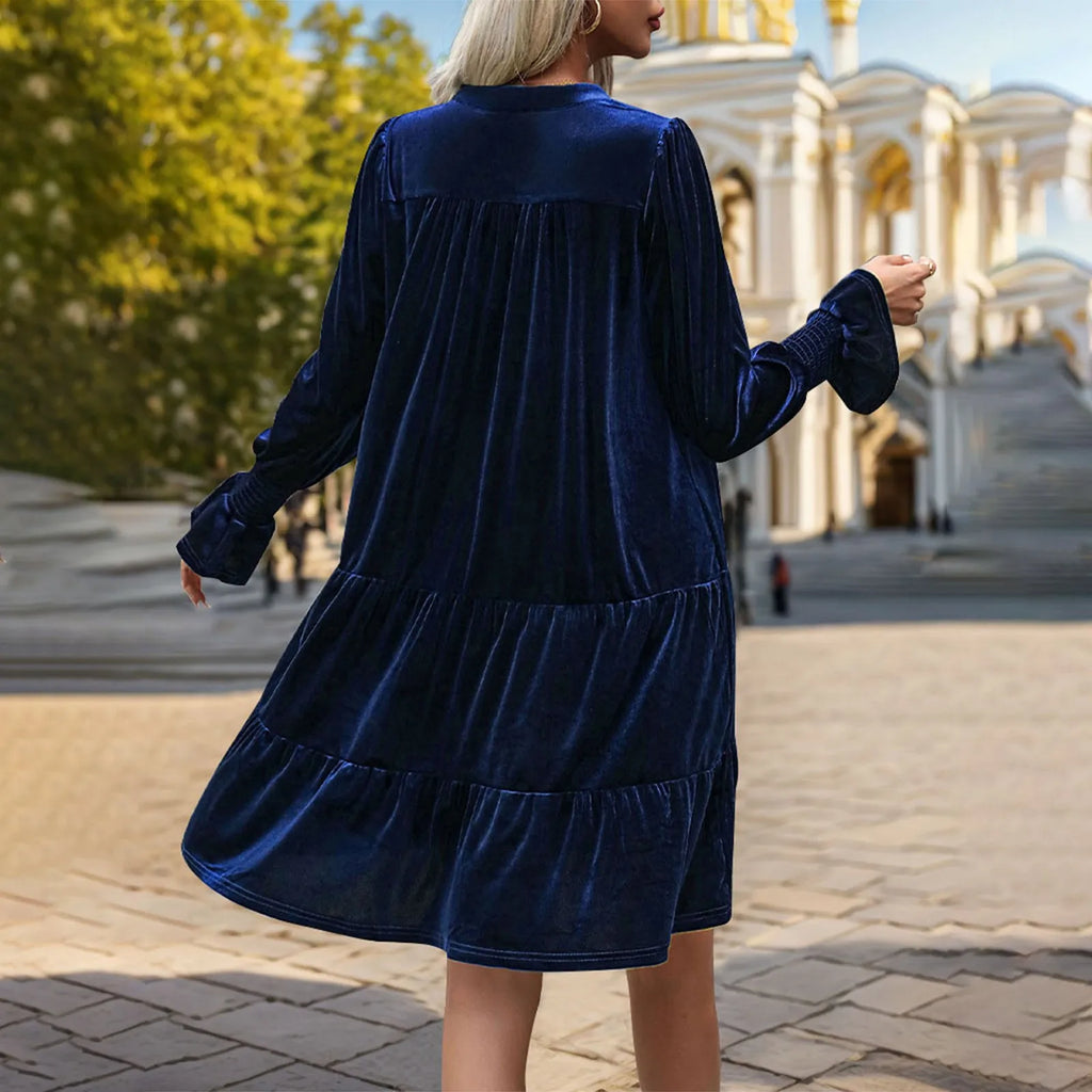 Elegant Vogue Velvet Midi Dress - Long Sleeve V-Neck, High Waist, Chic Style for Evening Parties & Christmas Celebrations