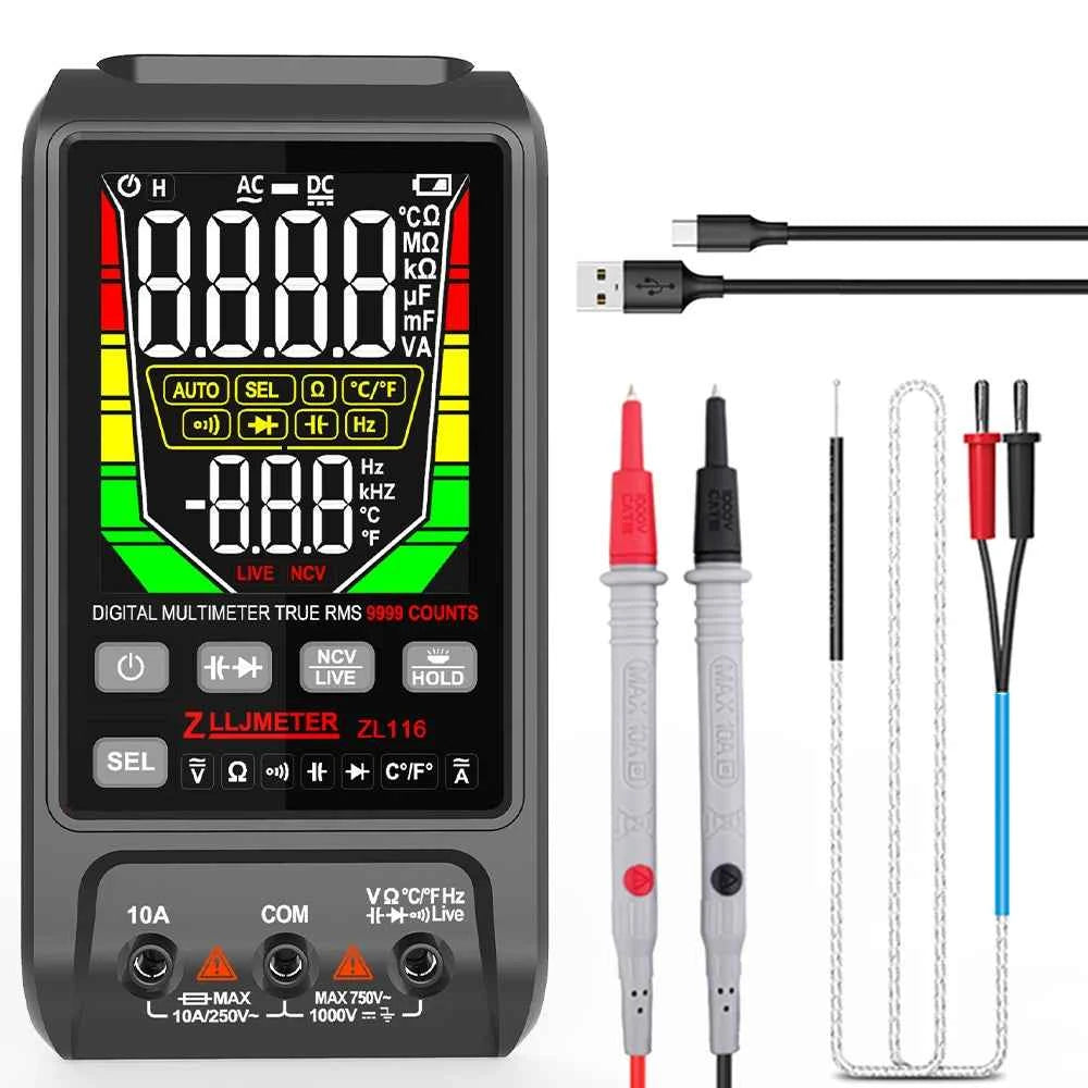 SmartTech USB Rechargeable Digital Multimeter - True RMS, AC/DC Current, Capacitance, Temperature, Auto Range