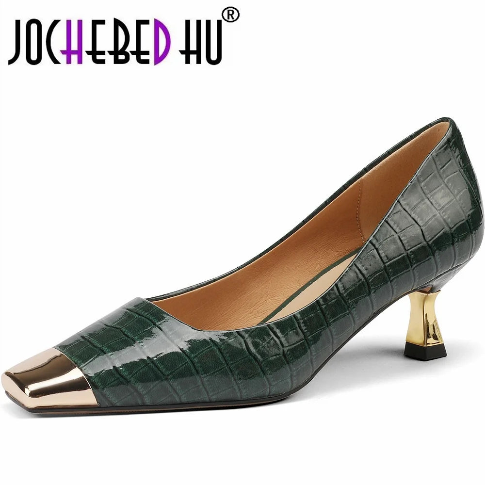 【JOCHEBED HU】Brand New Shoes Metal Square Toe Women Pumps Patchwork Genuine Leather Thin High Heels Ladies Footwear Plus 34-43