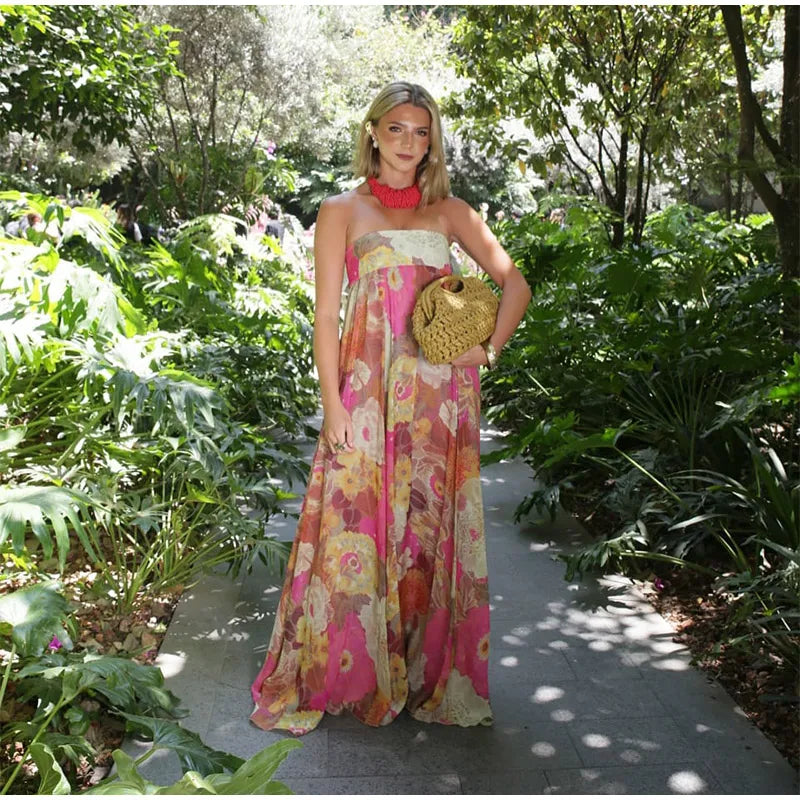 Chic Floral Print Pleated Long Dress Women's Sexy Strapless Backless Loose Party Vestidos 2025 Summer Lady High Street Robes New