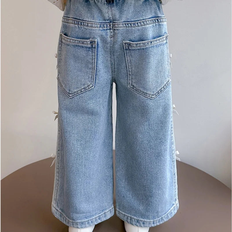 Stylish Girls Bow Jeans Spring and Autumn 2025 New Baby Girl Casual Denim Straight Pants Children's Elastic Waist Trousers