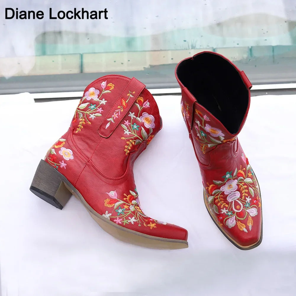 Women Cowboy Boots Luxury Embroidery Pointed Toe Winter Boots Ladies Shoes Comfortable Designer Botas Outdoor Skidproof Wearable