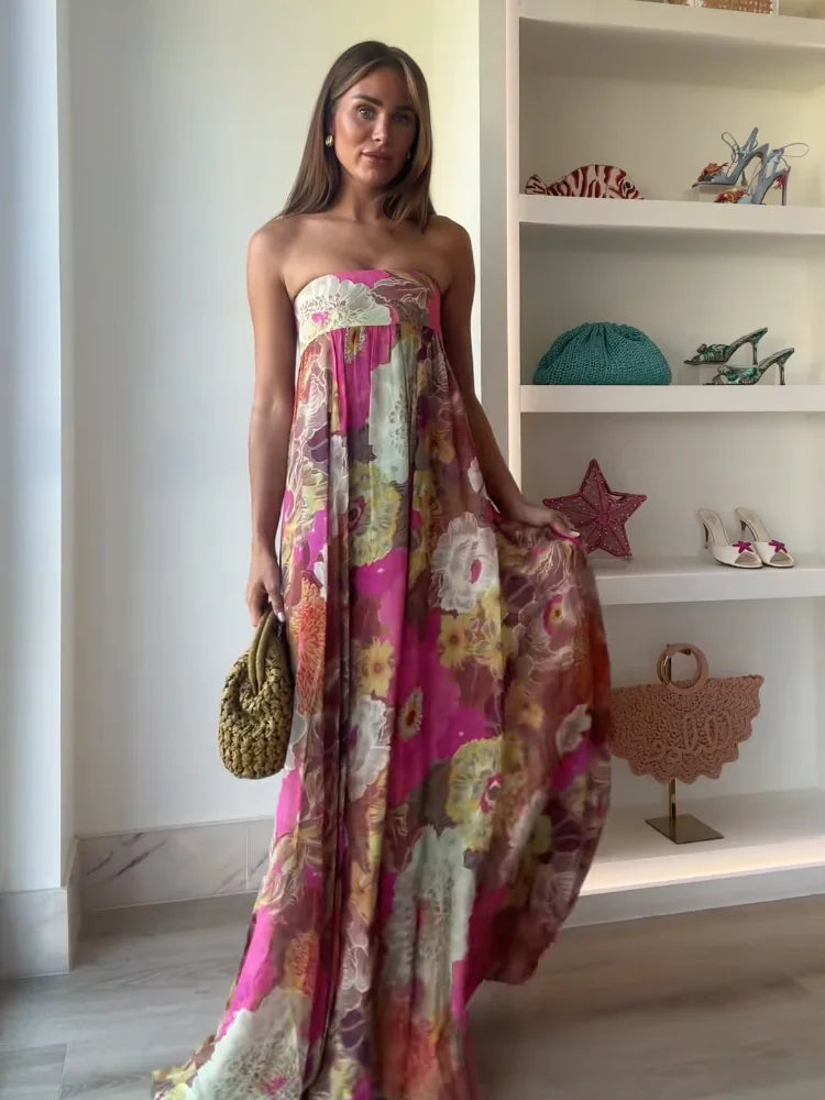 Chic Floral Print Pleated Long Dress Women's Sexy Strapless Backless Loose Party Vestidos 2025 Summer Lady High Street Robes New