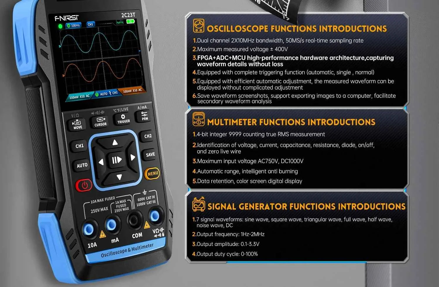 FNIRSI Handheld 50MHz Dual Channel Oscilloscope & Multimeter - 3-in-1 Automotive Signal Generator