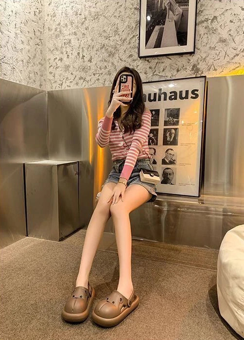 Shoes for Women 2025 Kawaii Cute Woman Slippers Round Toe Animal Cartoon Sandals Anime Slides Home Men Summer Mules House Indoor