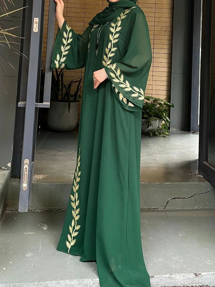 Women's Embroidery Abaya with Scarf – 2-Piece Muslim Dress Set