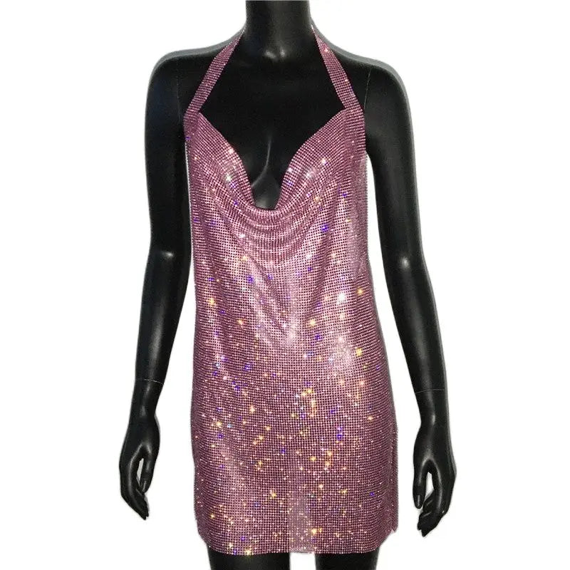 Bling Backless Rhinestone Dress - Sexy Deep V Neck, Sleeveless, Side Split Halter for Nightclub & Party