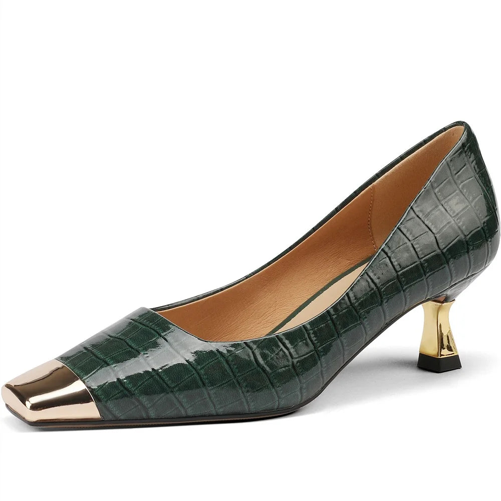 【JOCHEBED HU】Brand New Shoes Metal Square Toe Women Pumps Patchwork Genuine Leather Thin High Heels Ladies Footwear Plus 34-43