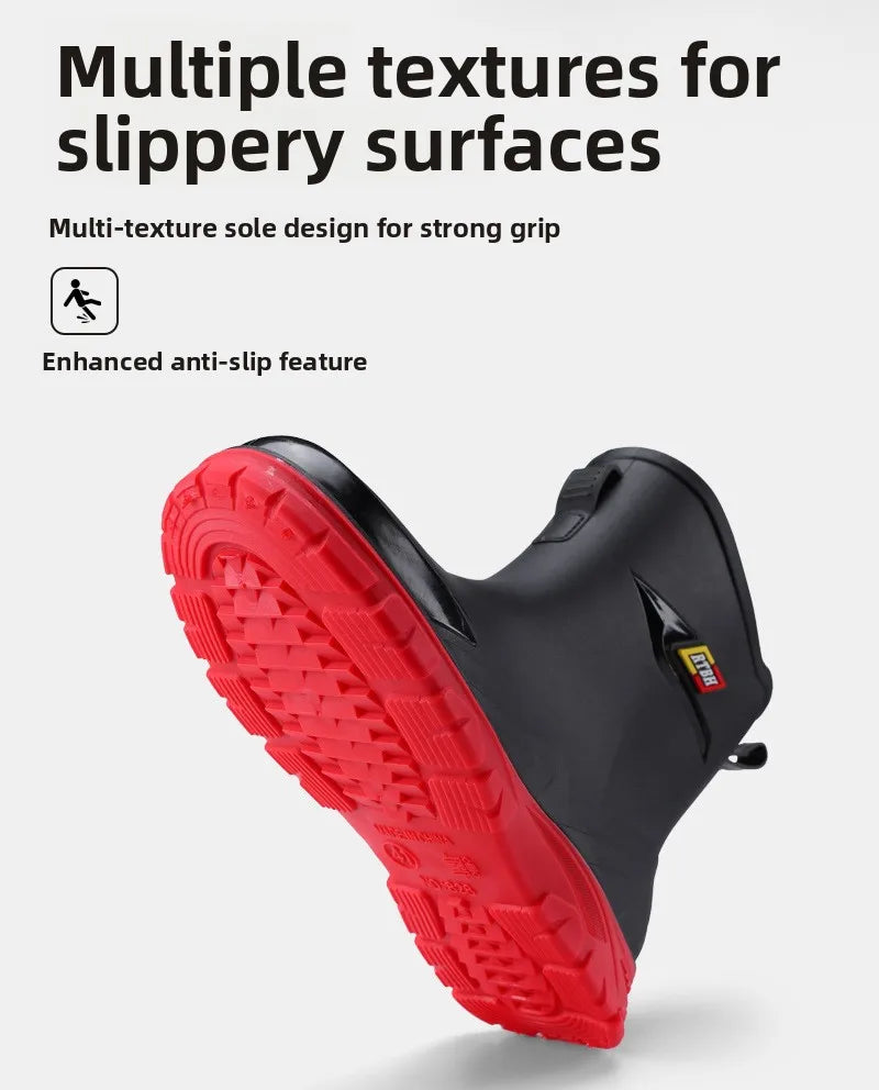 Men's Fleece Lined Tied Mouth Waterproof Outdoor Rain Boots Anti-slip Kitchen Work Rubber Shoes Warm Booties Plastic Material