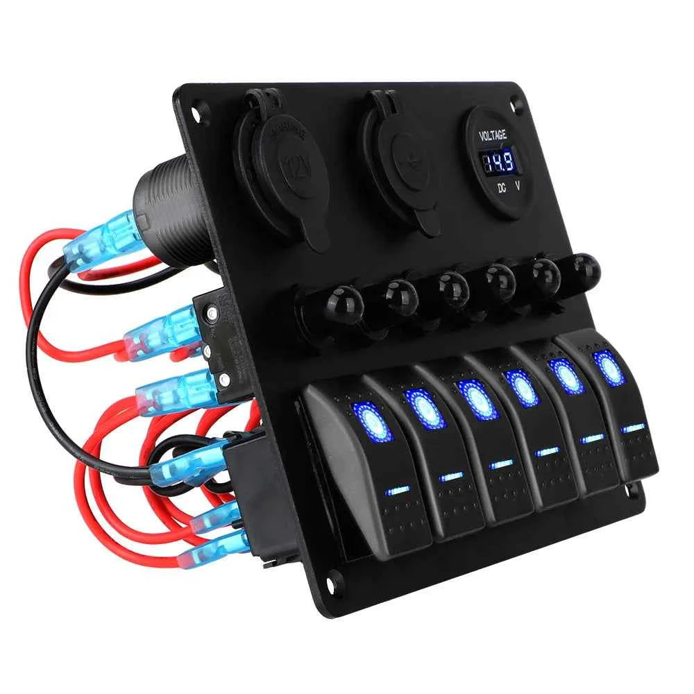 12V 24V 6 Buttons Car Switch Panel 15A Fuse Marine Circuit Breaker Voltmeter Tester Light Toggle USB Chargers 3.0 Auto Splitter