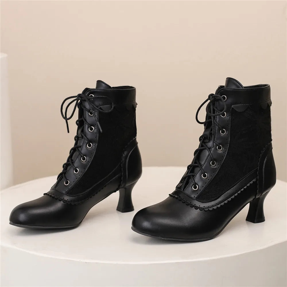 2025 New Lace Up Ladies High Heel Shoes Strange Steampunk Boot Victorian Ankle Boots Women Pointed Toe Thick Soled Short Boots