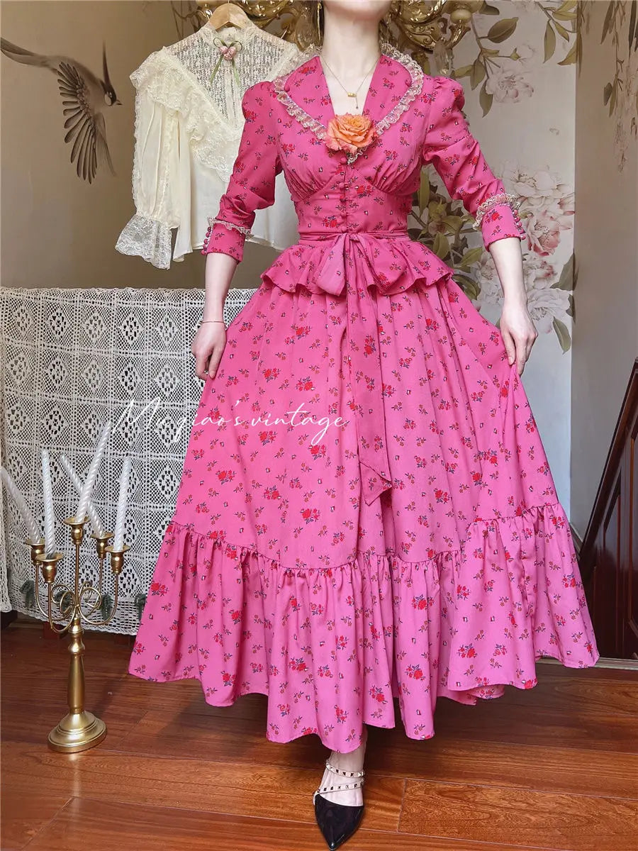 Rose Red Flower Autumn Long Sleeve French Vintage Dress V-neck Waist Cinched Slimming Ruffle Large Swing Long Dress for Women