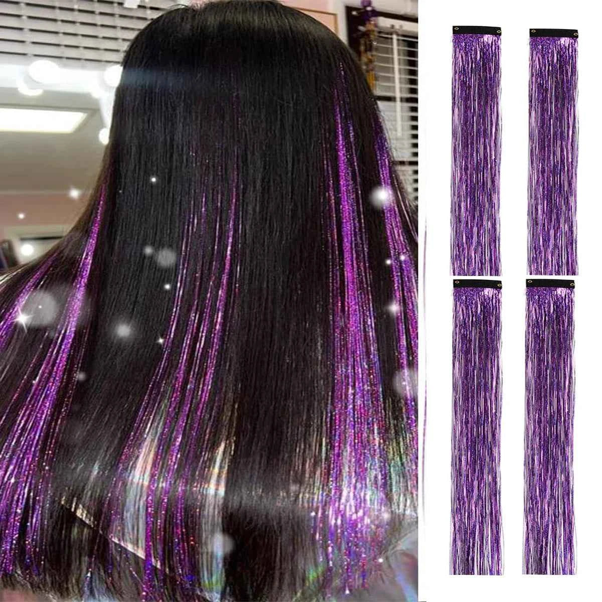 Sparkle & Shine Hair Tinsel Clips - 4 Colorful, Heat-Resistant Glitter Extensions for Festivals & Parties