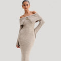 Luxury Fluffy Solid Knitted Off Shoulder Midi Dress Women 2024 Fall Winter Elegant Bodycon Flared Long Sleeve Sweater Long Dress