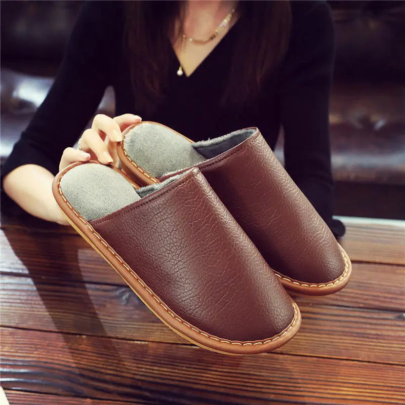 Soft Short Plush Men's Slippers Plus Size 44-45 Indoor Leather Slippers Winter Fashion Shoes 2026 New Unisex Home Slippers