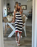 Black & White Striped V-Neck Pullover Dress with Slit - Casual & Loose Fit for Summer 2026