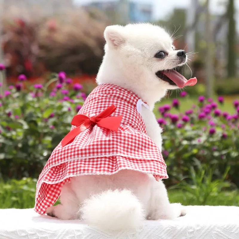 Pawfect Paws Summer Plaid Suspender Skirt Dress - Chic Pink Bow for Small Breeds like Chihuahua & Yorkie