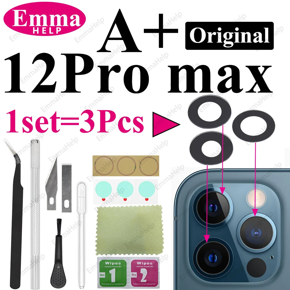 Sapphire Camera Lens Glass for iPhone 15/14/13/12/11 Pro Max Plus Mini - Complete Repair Kit with Adhesive