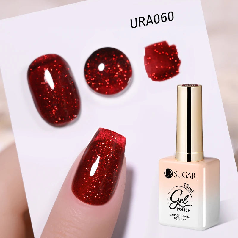 UR SUGAR 15ml  Autumn Winter Red Cat Magnetic Gel Nail Polish White Dopamine Nail Sparkling Glitter Soak Off UV LED for Manicure