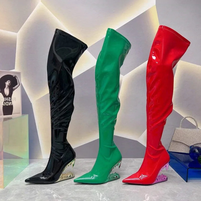 Women's Pointed Tiger Teeth Heel Knee High Elastic Boots Fashionable Over-the-Knee Super High Heel Banquet Show Shoes Autumn Winter