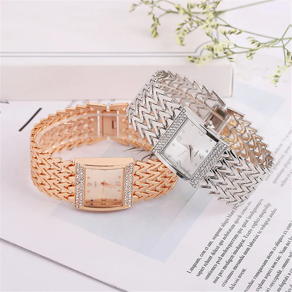 Luxury Golds Ladies Square Diamond Watch - Elegant Stainless Steel Quartz Timepiece for Fashion-Forward Women
