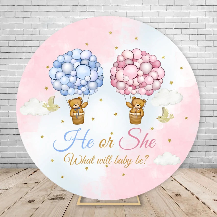 Gender Reveal Backdrop Round Cover Watercolor Cloud Bear Party Decor He or She Oh Baby Shower Photography Background Elasticity