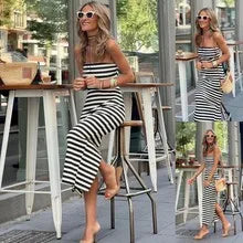 Black & White Striped V-Neck Pullover Dress with Slit - Casual & Loose Fit for Summer 2026