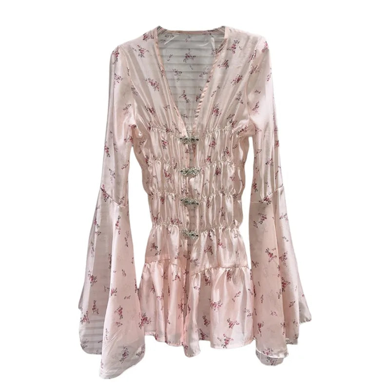 DEAT Fashion Women's Rhinestone Button Floral Pattern Flared Sleeve Chiffon Dress Elegant Holiday Dresses Female 11A04065