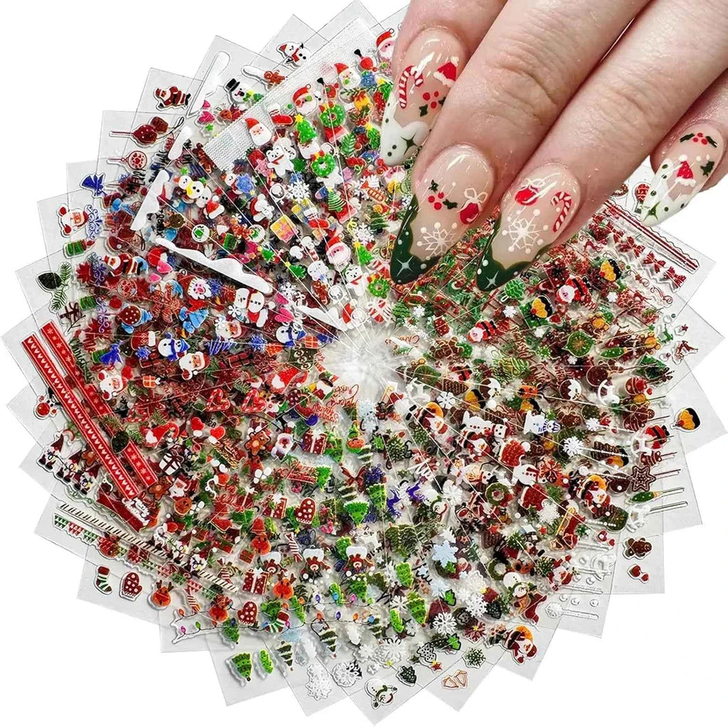 Festive Nail Art Stickers – 30pcs Glitter Christmas Designs with Snowmen, Elks, Santa, and Candy Canes for Winter Manicure