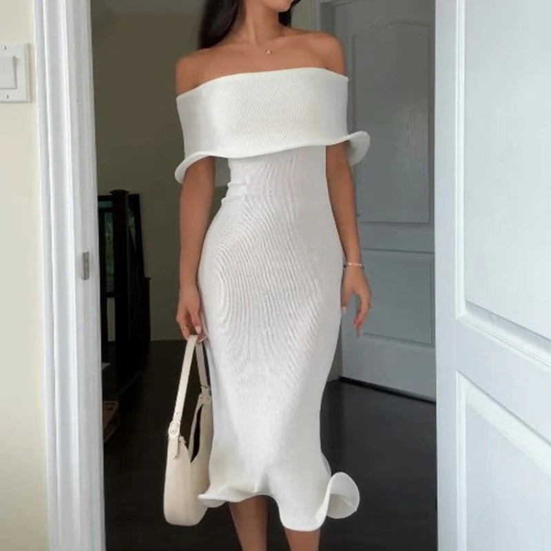 Elegant Princess One Shoulder Slim Party Dress Summer Sexy Solid Lotus Edge Mini Dress Women Shawl Sleeve Bodycon Tube Top Dress
