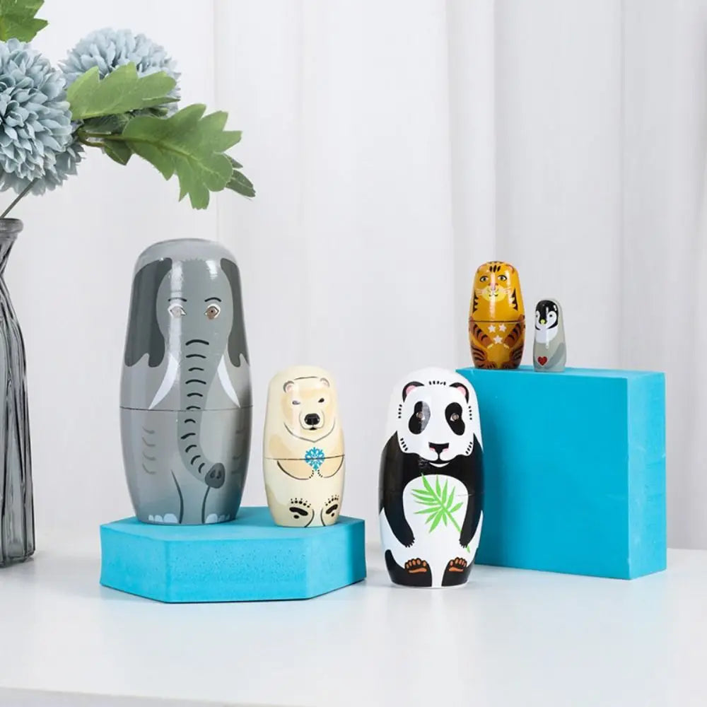 Rabbit 5Pcs/Set Animal Matryoshka Doll Wood Smooth Wooden Stacking Dolls Line Dog Panda Girls Russian Doll Christmas