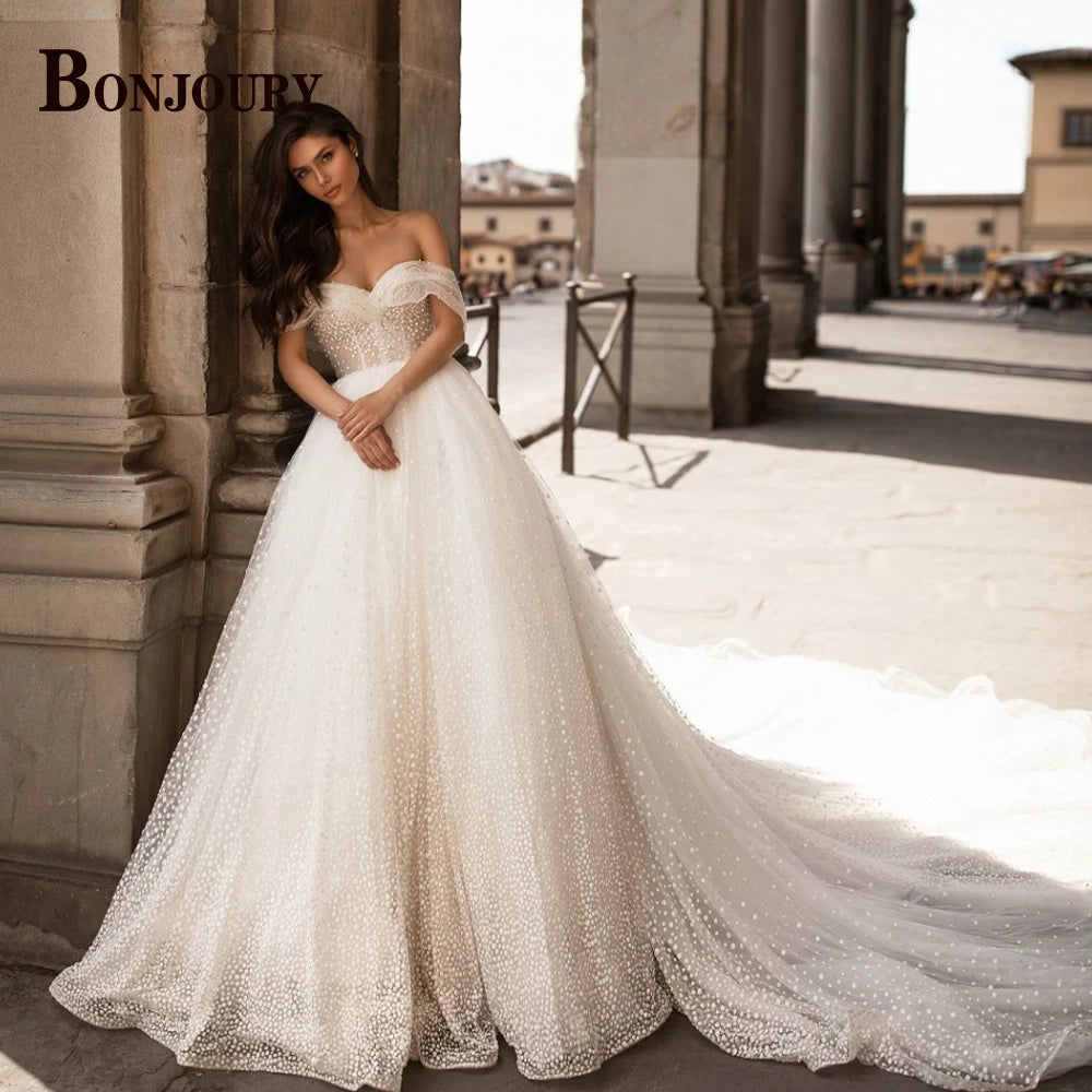 BONJOURY V-neck Satin Wedding Dress with Pockets & Chapel Train for Confident Brides