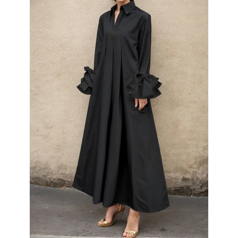Women Elegant Church Maxi Dresses 2024 New Autumn Flared Sleeves Black White Color Pleated Lapel Evening Shirts Dress