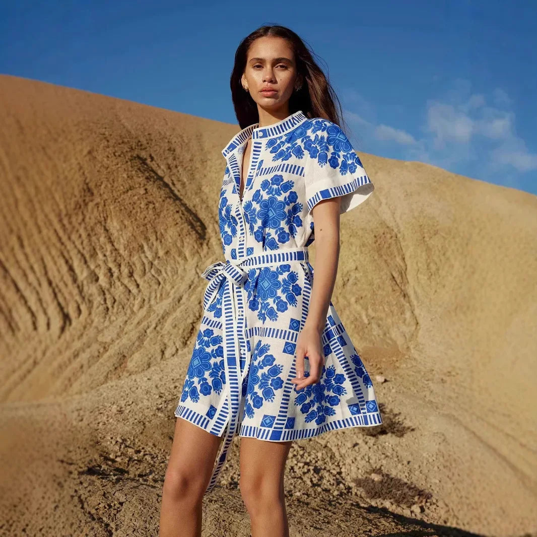 Fashionable Printed Belted Casual Women's Dress Summer Style Cross-Border Clothing Elegant Simple Design Maxi Length Gown