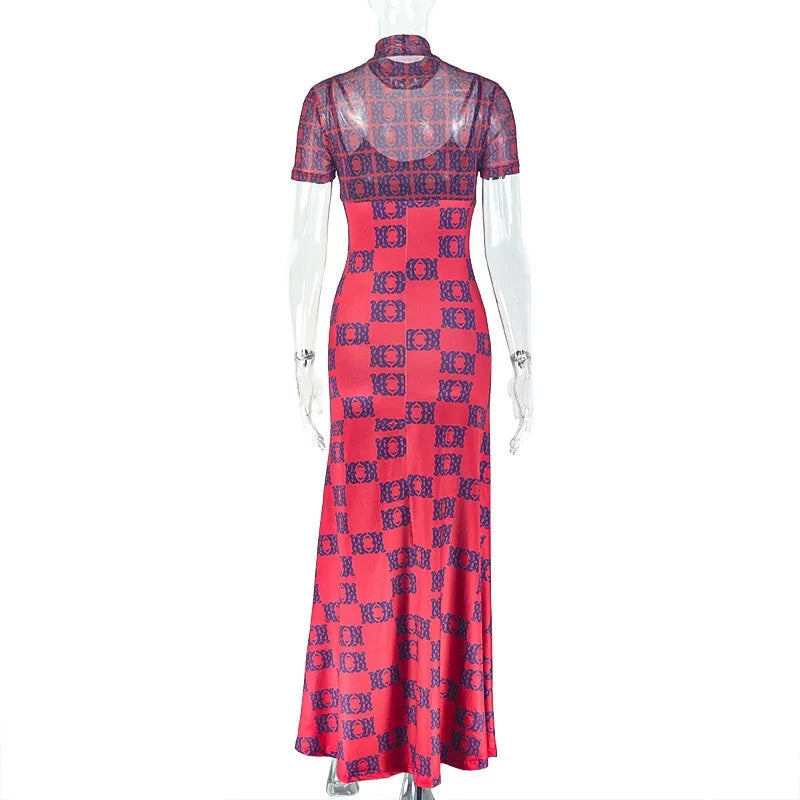 Women's Gauze Spliced Turtleneck Short Sleeve Pleated Waistband Irregular Long Dress, Hips Wrapped