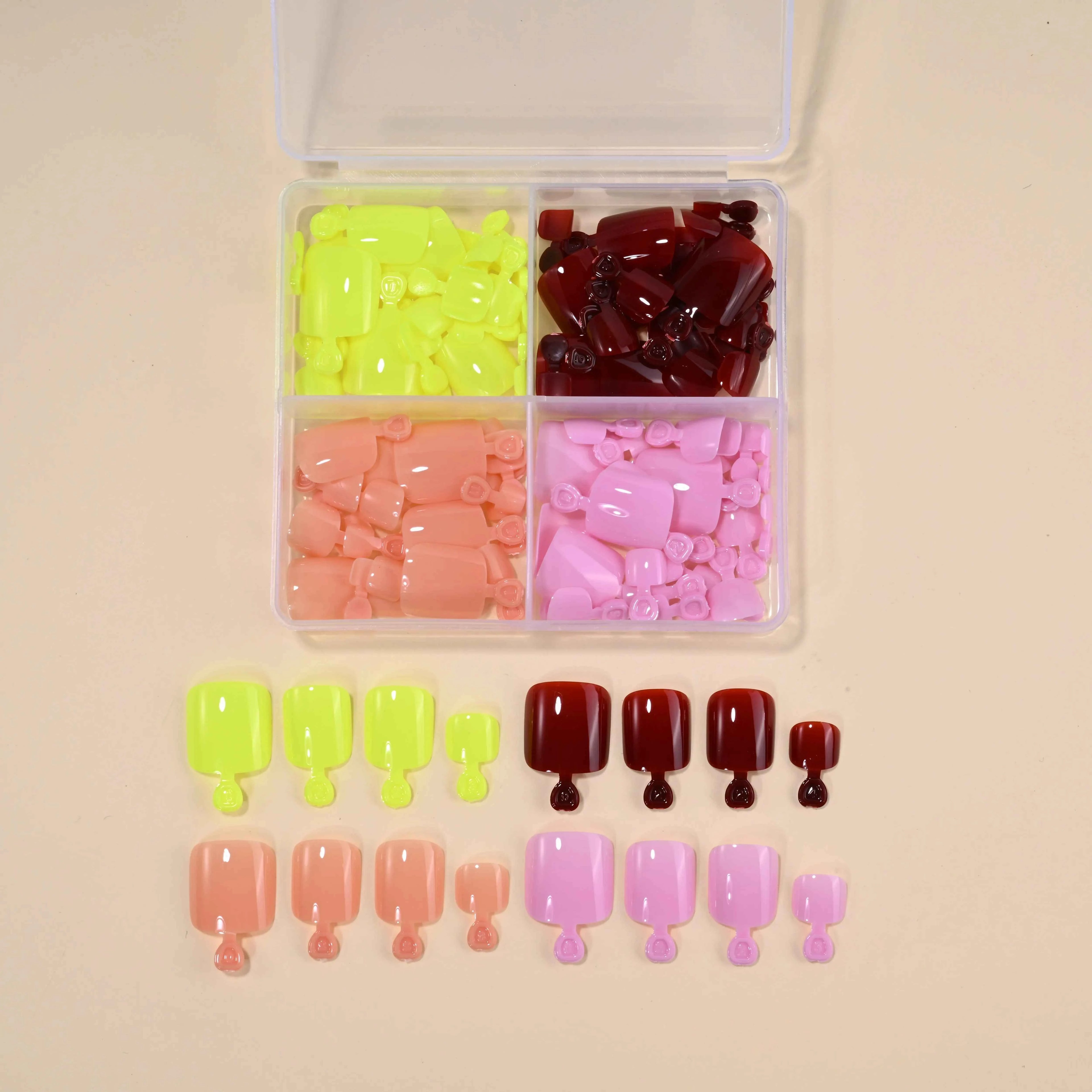 GlamNails Glossy Short-Square Press-On Toenails - 96 Pcs in 4 Stunning Colors: Nude, Pink, Brown